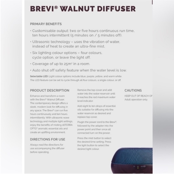 Doterra Essential Oil Diffuser Brevi Aroma
Walnut Ultrasonic Diffuser - Picture 10 of 10